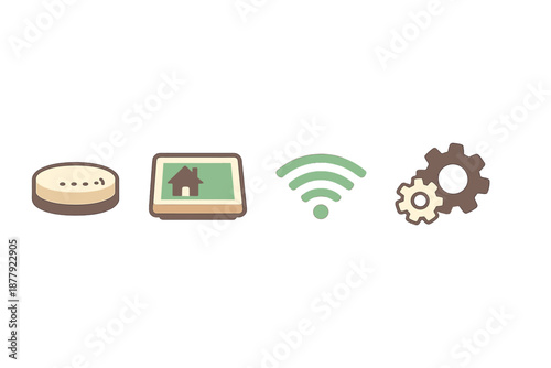 Smart Home Technology Icons: Device, House, WiFi, Settings