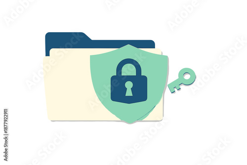 Digital security concept with folder, shield, padlock and key