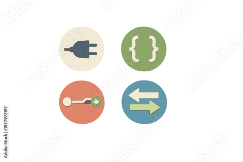 Technology Icons: Plug, Braces, Connection, Arrows