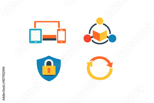 Four digital icons representing technology, security, and integration