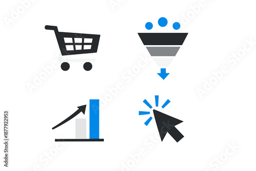Marketing funnel, shopping cart, analytics and click icons