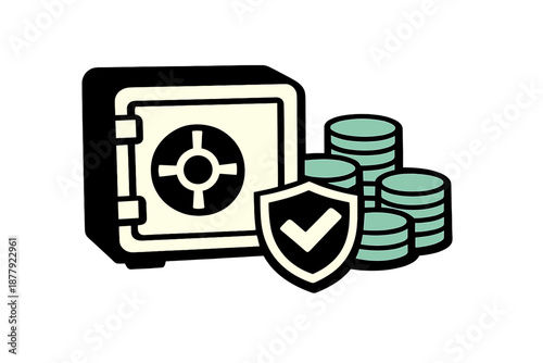 Secure vault with coins and shield, representing financial security