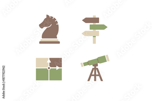 Abstract business concepts with chess knight, telescope and signpost