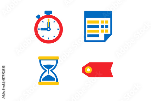 Neon icons: stopwatch, document, hourglass, tag