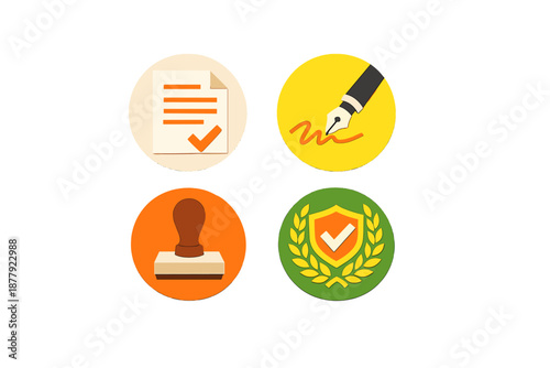 Four icons: document, pen signature, stamp, and shield with checkmark