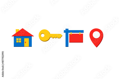 Real estate icons: house, key, sign, and map pin