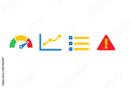 Dashboard icons: gauge, chart, list and warning symbol