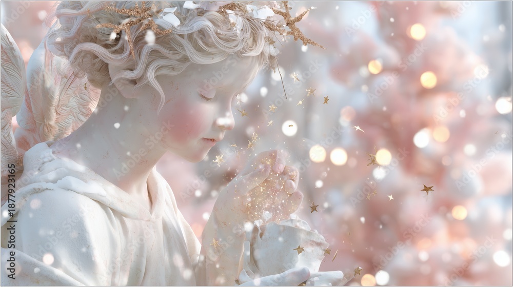 Fototapeta premium Little angel holding sparkles in a winter scene with festive decorations nearby