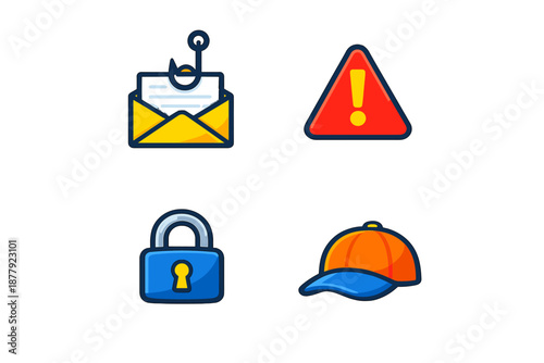 Cybersecurity icons: phishing, warning, lock, and cap