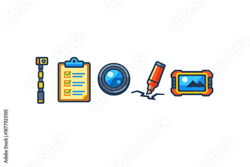 Set of icons: camera selfie stick, checklist, lens, marker, tablet