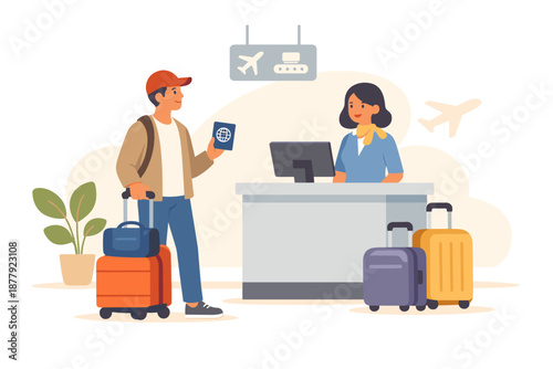 Traveler at airport check-in counter with passport and luggage