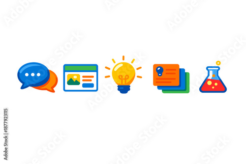 Set of five colorful icons representing communication, media, ideas