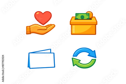 Donation icons: Hand with heart, donation box, wallet, and recycle
