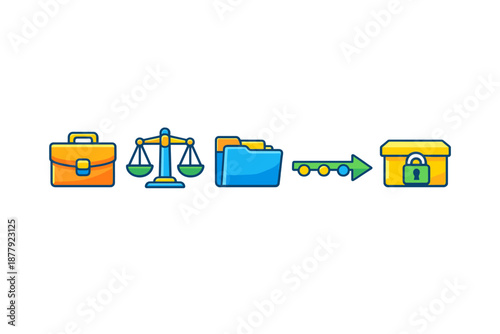 Business process icons: briefcase, scales, folder, progress, locked