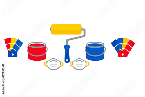 Painting equipment with paint swatches and face masks
