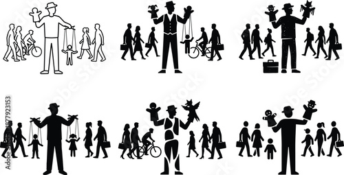 Street puppeteer performing with marionettes and hand puppets among walking pedestrians, urban street entertainment, public performance art, silhouette illustration