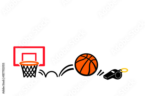 Basketball, hoop, and whistle on black background with glow