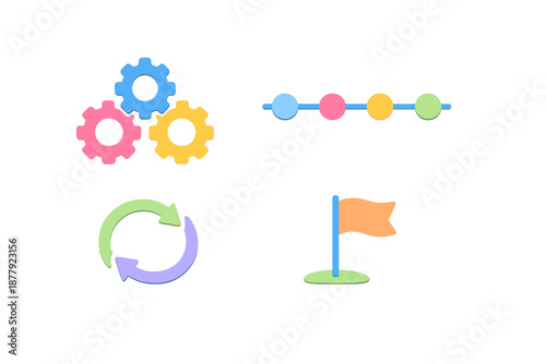 Conceptual icons: gears, progress, refresh, and goal