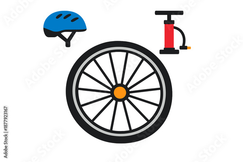 Illustration of bicycle wheel, helmet, and bike pump