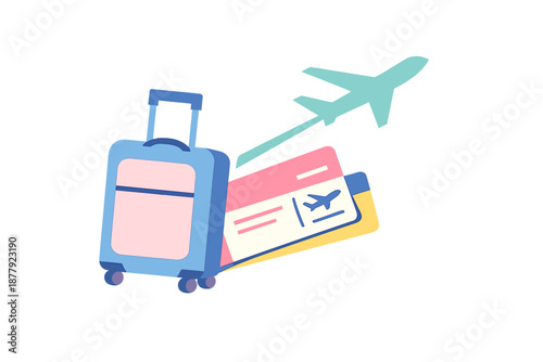 Travel concept: suitcase, airplane ticket, and airplane graphic