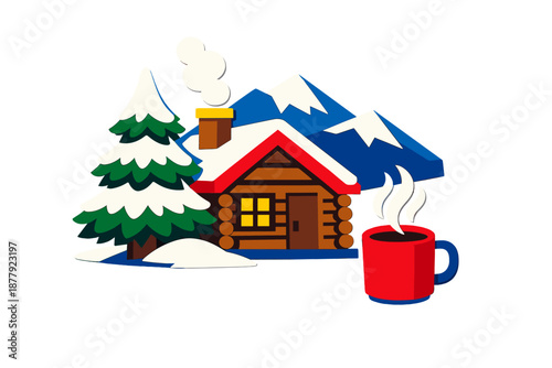 Cozy winter cabin scene with steaming mug and snowy mountains