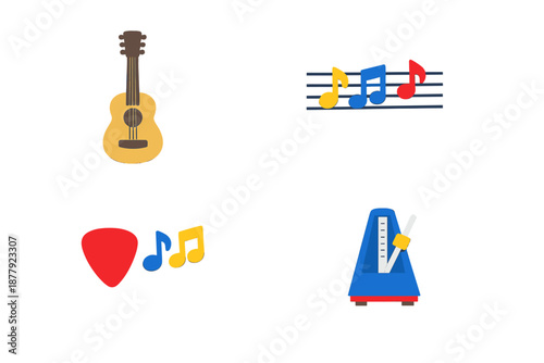 Music icons with glowing effect: guitar, notes, pick, metronome