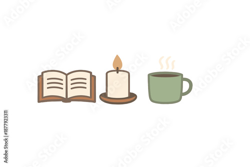 Cozy evening with a book, candle, and coffee