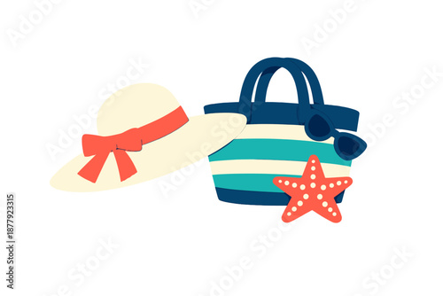 Beach accessories: hat, bag, sunglasses and starfish