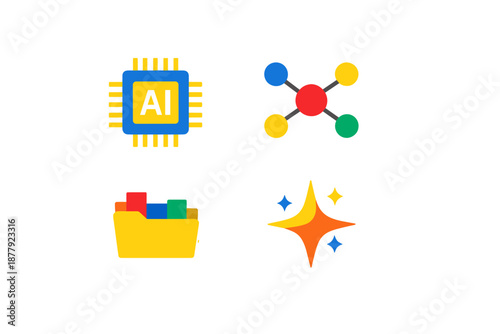 Collection of glowing technology and science icons on dark background