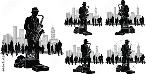 Street saxophonist performing in urban cityscape, jazz busker silhouette with crowd of pedestrians, musical street performance scene, metropolitan culture illustration