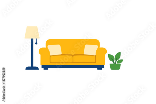 Minimalist living room scene with yellow sofa and lamp