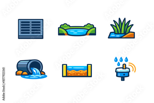 Water management icons: drain, pond, grass, pipe, filtration and