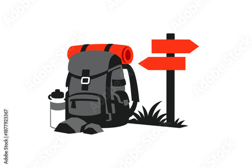 Backpack and Directional Signpost in a Glowing Outdoor Setting
