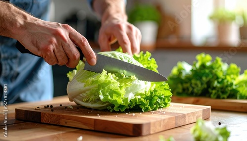Close Up Of Man Chopping Fresh Green Lettuce With Sharp Knife On Wooden Cutting Board Preparing Healthy Food In Bright Kitchen With Sunlight