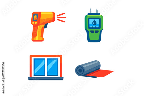 Home inspection tools, home energy audit, measurement icons