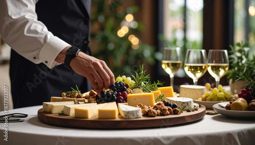 Gourmet Cheese Platter With Grapes Nuts And Wine Glasses For Elegant Event Presentation