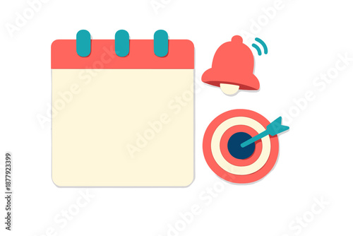 Calendar, notification bell and target with arrow illustration