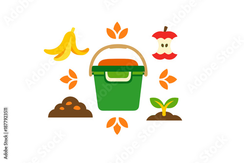 Composting concept illustration with compost bin and organic waste
