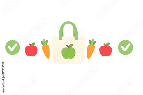Eco-friendly shopping bag with fresh produce and checkmarks