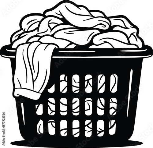 Black and white graphic of a full laundry basket, representing domestic chores, daily cleaning, and essential household management tasks