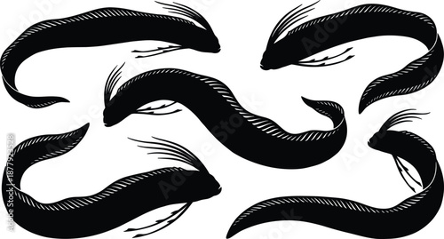 Stylized eel silhouettes with flowing elongated bodies and whisker fins, aquatic vector illustration for decals, tattoos, stickers, wall art, marine themed design