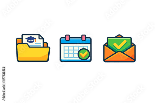 Three modern icons: folder, calendar, and envelope on a gradient