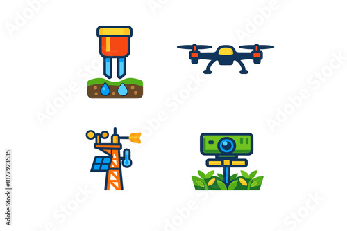 Smart Farming Technology Icons: Drone, Weather Station, Camera