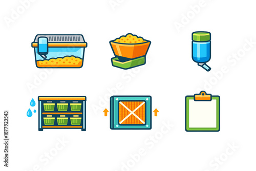 Pet care icons: habitat, feeder, water bottle, rack, fan, clipboard