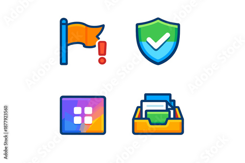 Set of four modern flat UI icons with glowing effect