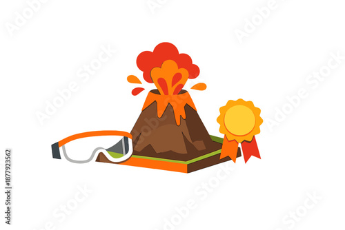 Volcano eruption with safety goggles and award ribbon