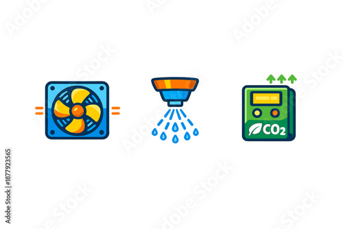 Icons for smart farming: fan, mister, and CO2 monitor