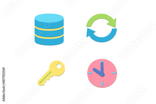 Set of Four 3D Icons: Database, Sync, Key, and Clock