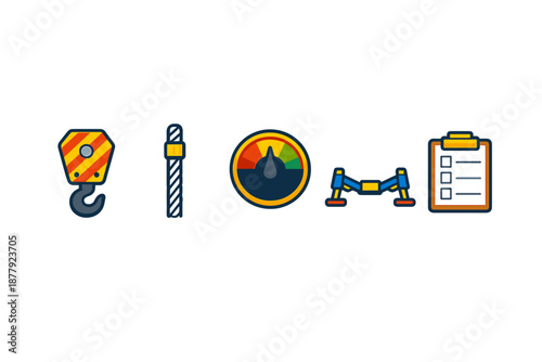 Industrial icons: crane hook, cable, gauge, frame, checklist