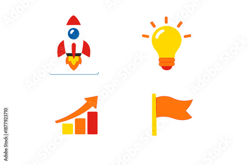 Business icons: rocket, lightbulb, graph, and flag